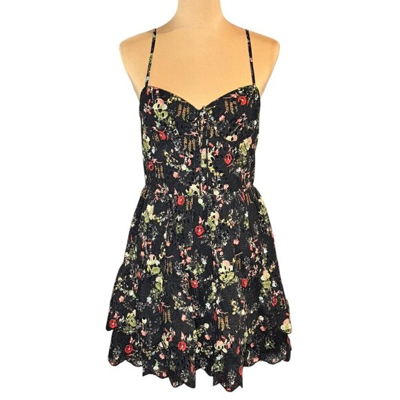 ALICE + OLIVIA Daisy Tiered Mini Dress Sz.10 Dark Floral Black Eyelet Tie-Front - Picture 2 of 16